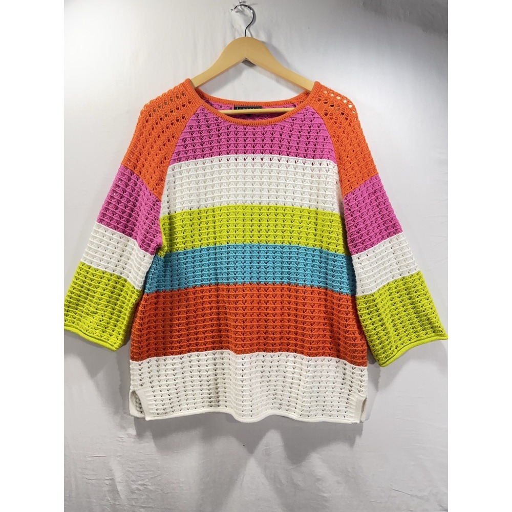 Funsport Crochet Knit Sweater Women's Large Bright Colorblock 3/4 Sleeve Cotton